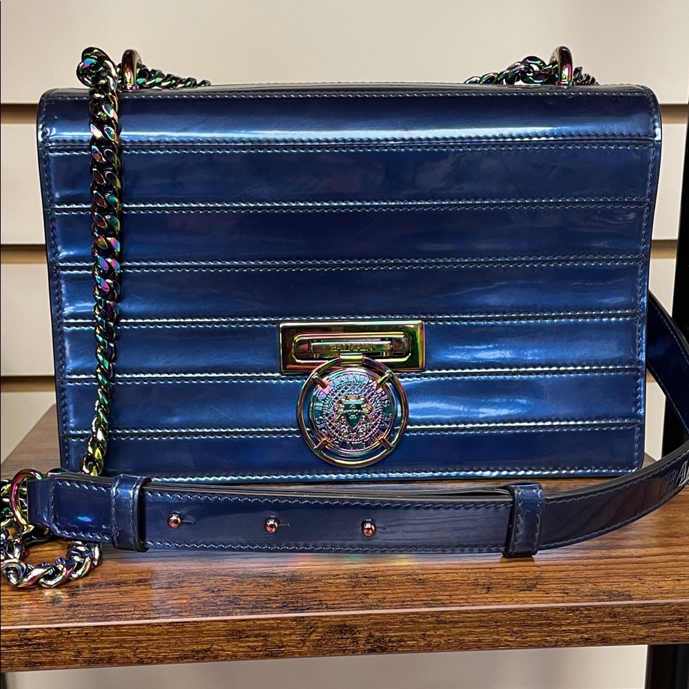 Balmain Metallic Blue Shoulder Bag with Chain Detail